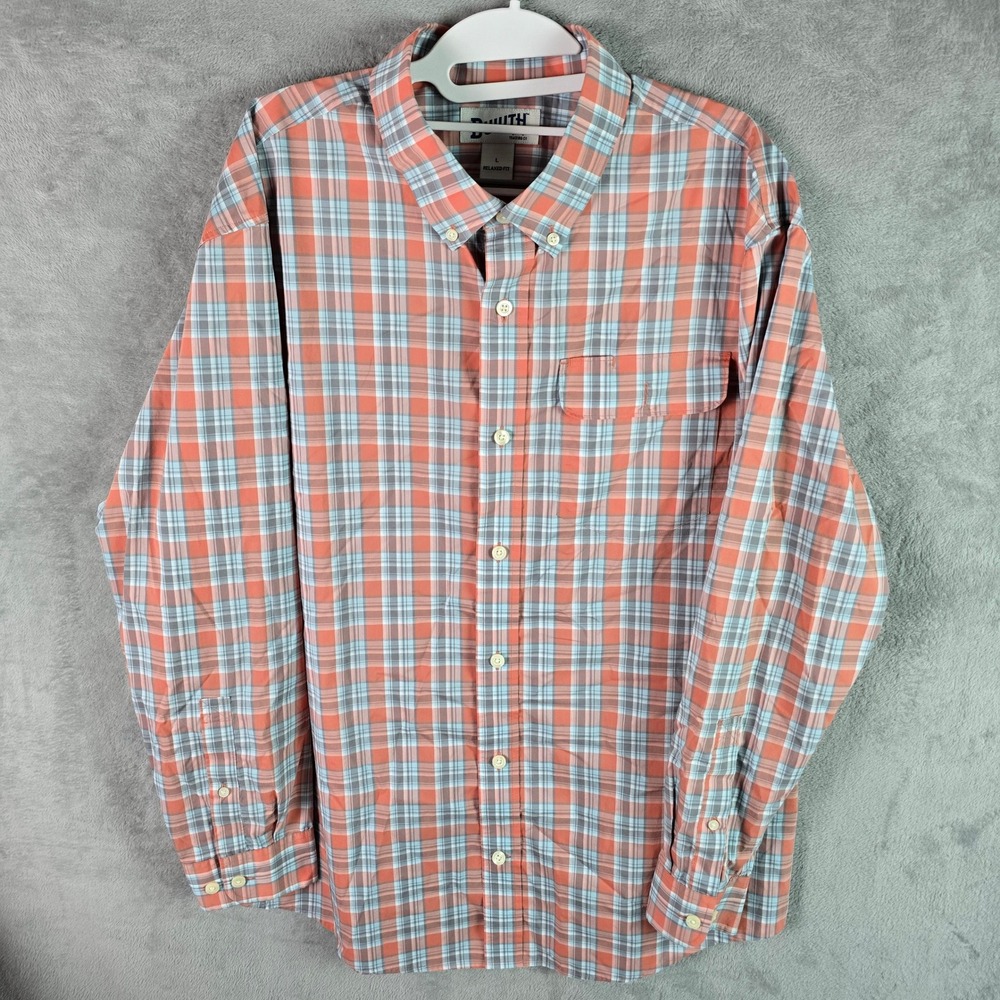 Duluth Trading Co Coolmax Plaid Button Down Shirt Mens Large Relaxed Fit Orange